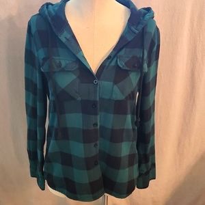Womens Destined check long sleeve flannel button up top with hood size Large